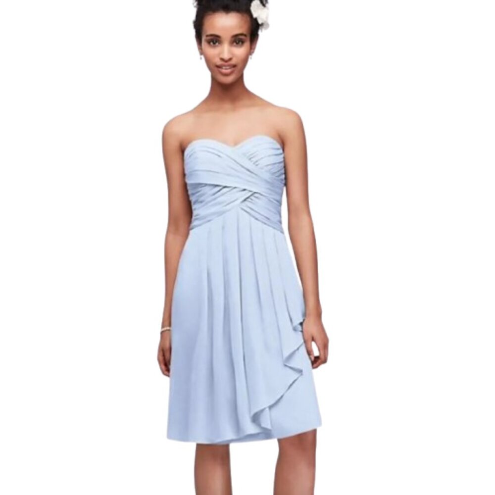 David's Bridal Light Blue Short Crinkle Chiffon Dress NWT Front Cascade F14847